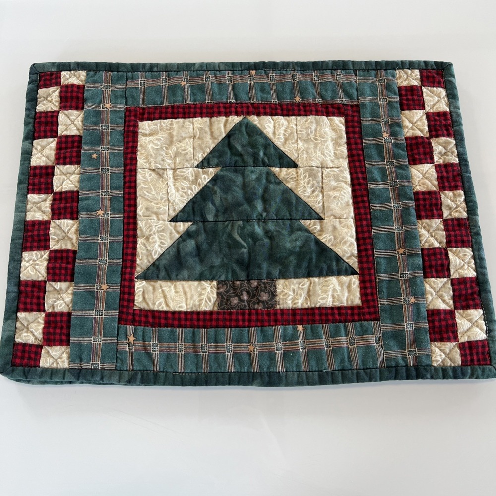 Vintage Quilted Tree Placemats Set of 2 Red Green Plaid Farmhouse Holiday